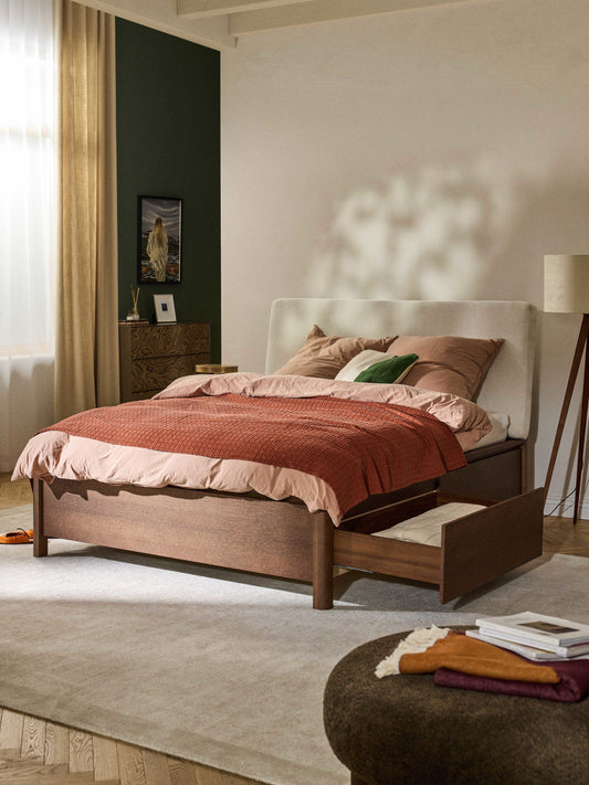 Lux Santiago Timber Bed with Upholstered Headboard and Drawers